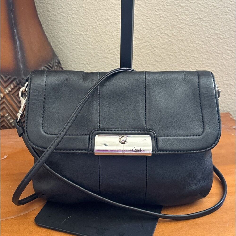 COACH Kristin Black Leather Flap Crossbody Shoulder Bag Silver Purse